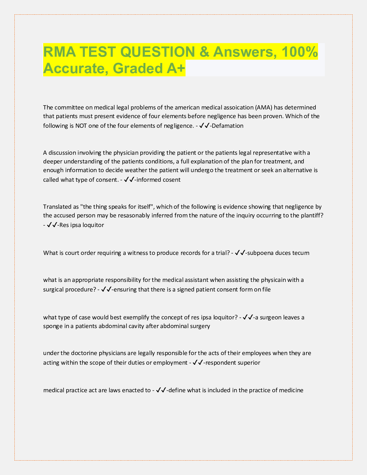 Preview image for RMA TEST QUESTION & Answers, 100%  Accurate, Graded A+ The committee on medical